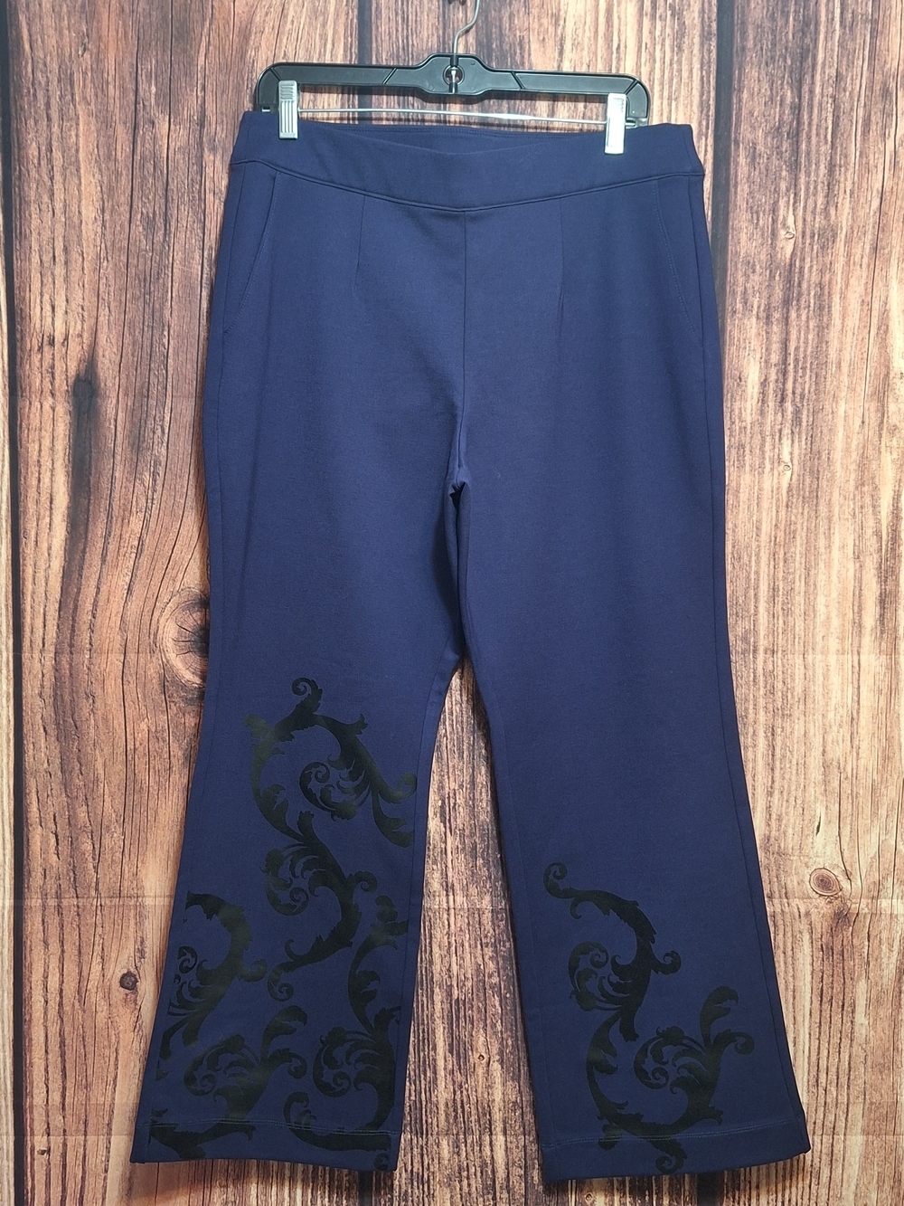 Soft Surroundings Navy Boot-Cut Ankle Pants with Black Scroll Motif Size PL.